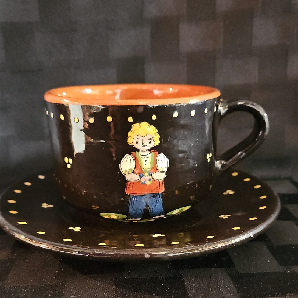 MCM Hungarian Folk Art Hand Painted Redware Tea Cup & Saucer Set 1950s